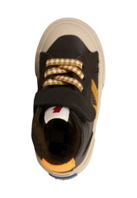 Gray leather sneaker with cream sole, yellow accents, and checkered laces; features a Velcro strap and orange detail on the heel.