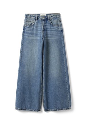 High-waisted wide-leg blue denim jeans with front and back pockets and button closure, featuring light faded details on thighs.