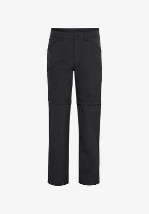 Czarne, lekkie spodnie z odpinanymi nogawkami i kieszeniami, z detalem logo, zaprojektowane z myślą o wszechstronności w aktywnościach na świeżym powietrzu.