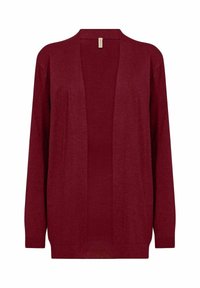 Rode cardigan met lange mouwen, open voorkant en een zachte textuur. Gemaakt van lichtgewicht breimateriaal, geschikt voor laagjes.