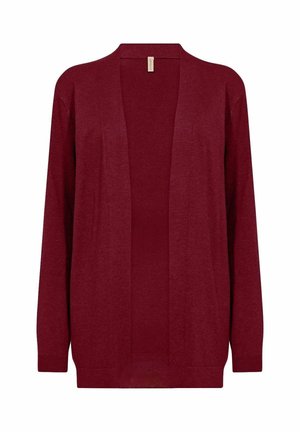 Röd cardigan med långa ärmar, öppen frontdesign och mjuk struktur. Tillverkad av lätt stickat material, lämplig för lager-på-lager.