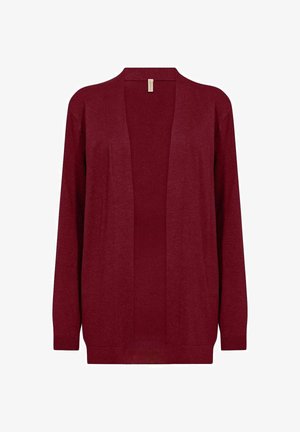 Röd cardigan med långa ärmar, öppen frontdesign och mjuk struktur. Tillverkad av lätt stickat material, lämplig för lager-på-lager.
