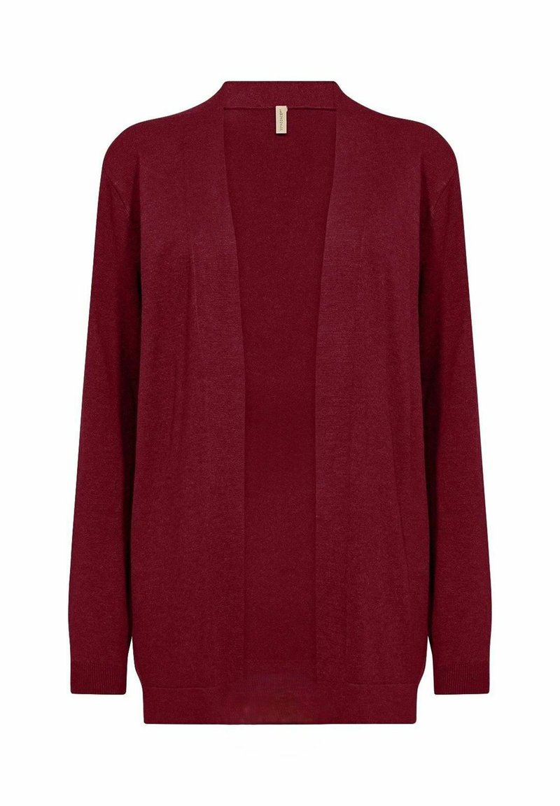 Rode cardigan met lange mouwen, open voorkant en een zachte textuur. Gemaakt van lichtgewicht breimateriaal, geschikt voor laagjes.
