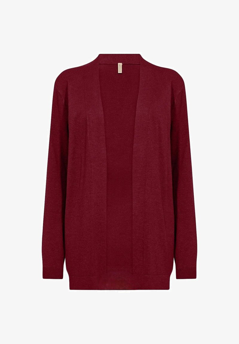 Röd cardigan med långa ärmar, öppen frontdesign och mjuk struktur. Tillverkad av lätt stickat material, lämplig för lager-på-lager.