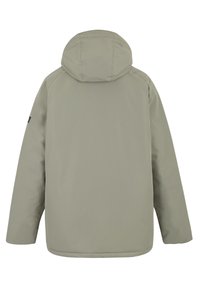 Light gray hooded winter jacket shown from the back with long sleeves and a small patch on the left arm.