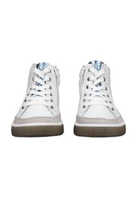 White high-top sneakers with textured panels, blue accents, and gray suede trim. Features laces and side zipper for easy wear.
