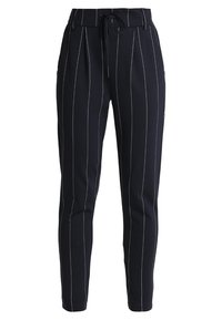 Navy tailored trousers with white pinstripes, elastic waistband, drawstring detail, and two side pockets for a sleek, modern fit.