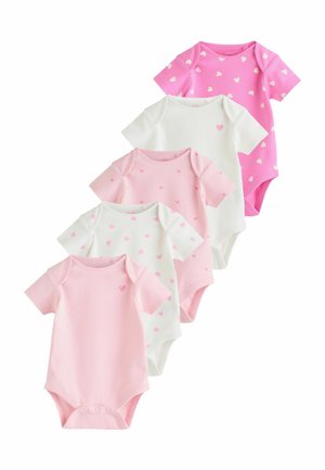 Čtyři krátké body s krátkým rukávem seřazené v řadě. Barvy: světle růžová, bílá a růžová s motivy srdíček. Žebrovaná textura, zapínání na patentky ve spodní části.