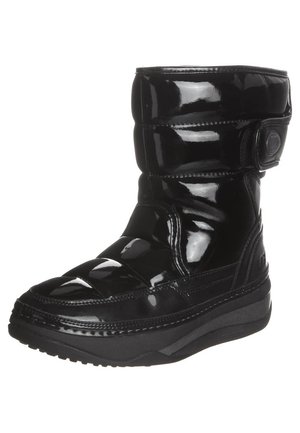 Sort, blankt isoleret vinterstøvle med tyk sål og polstret overdel, der har en velcrorem nær toppen for en sikker pasform.