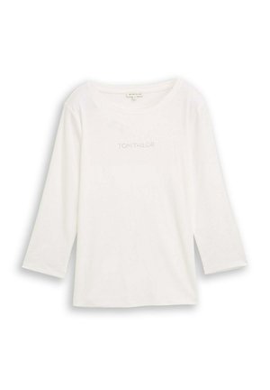 White long-sleeve top with a round neckline. Features subtle "TOM TAILOR" text detail on the front. Made of soft, smooth fabric.