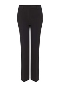 Pantalons noirs ajustés avec une jambe droite, présentant un devant plat, des passants de ceinture et des détails de couture minimaux sur un tissu lisse.