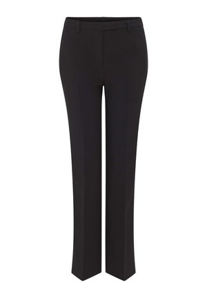 Pantalons noirs ajustés avec une jambe droite, présentant un devant plat, des passants de ceinture et des détails de couture minimaux sur un tissu lisse.