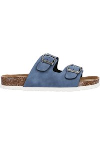 Die blauen Wildleder-Sandalen verfügen über zwei verstellbare Riemen, silberne Schnallen, ein braunes Korkfußbett und eine weiße Gummi-Außensohle.