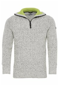 Maglione grigio a maglia con colletto a mezza zip. Presenta un colletto a coste verde brillante e una zip nera. Motivo testurizzato su tutta la superficie del tessuto.