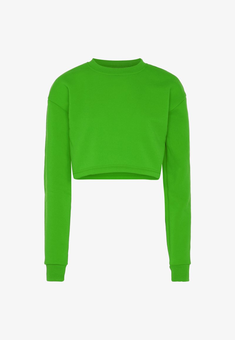 Groene cropped sweatshirt met lange mouwen, ronde halslijn en geribbelde manchetten; gemaakt van een gladde, zachte stof.