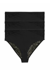 Zwarte hoge taille bikini onderkant met gestructureerde zwarte kantpanelen en een bloemenkantdetail aan de binnenkant. Kenmerkt zich door een gladde afwerking en een gestructureerd ontwerp.