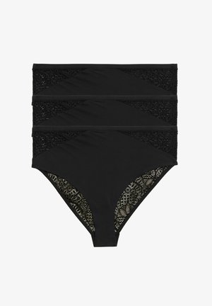 Sort højttaljede bikini buks med teksturerede sorte blonderpaneler og en blomstret blonde detalje indeni. Har en glat overflade og struktureret design.