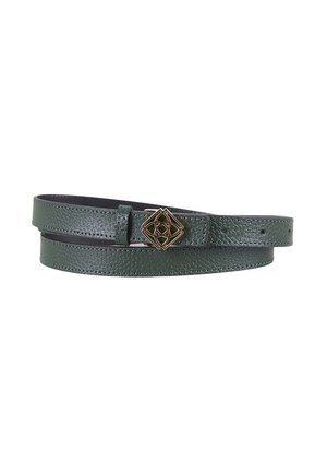 Dark green textured leather belt with a gold decorative geometric buckle, coiled on a white background.