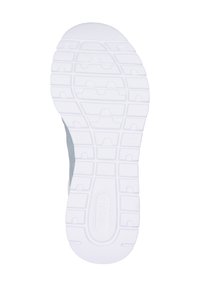 Weißer Gummischuhsohle mit strukturiertem Profilmuster, das erhabene Akzente für besseren Halt und eine leicht gebogene Ferse aufweist.