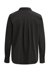 Black long-sleeve shirt featuring a classic collar, single back pleat, and buttoned cuffs with a smooth, woven texture.