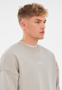 Sudadera gris claro con cuello redondo y hombros caídos. Presenta un pequeño logo blanco "JOHNNY URBAN" en el frente. Textura suave.