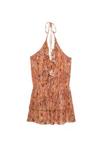 Abito con scollo a halter, con un davanti arricciato, motivo paisley arancione e marrone, vita arricciata e gonna a più strati. Tessuto morbido e leggero.