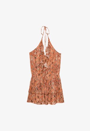 Halter neck kjole med volang foran, orange og brun paisley mønster, smocked talje og lagdelt nederdel. Blødt, let stof.