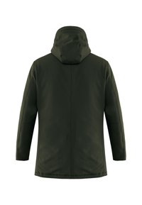 Tmavě zelená bunda s kapucí vyrobená z hladkého materiálu. Má rovný střih, dlouhé rukávy a čistý, jednoduchý design bez ozdob.