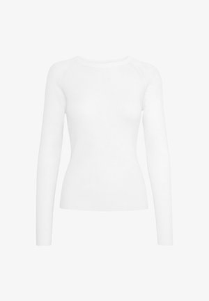 Haut à manches longues blanc en rib avec un col rond et une coupe ajustée, présentant une surface texturée et une construction sans coutures.