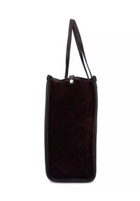 Borsa tote in velluto nero con dettagli in pelle liscia, dotata di due manici lunghi e un design minimalista, senza ulteriori motivi o accessori.