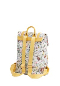 Floral-patterned backpack made of fabric with a white background, featuring yellow straps and a top handle. Adjustable shoulder straps and a zipper.