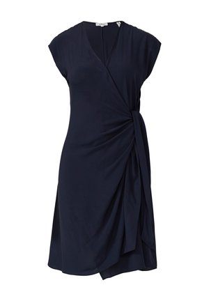 Navy blue, short-sleeve dress with a wrap design, features a twist at the waist and flowing fabric with a soft texture.