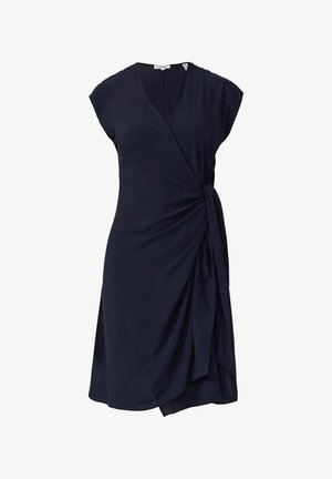 Navy blue, short-sleeve dress with a wrap design, features a twist at the waist and flowing fabric with a soft texture.