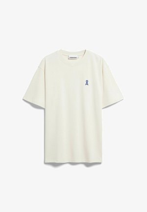Off-white T-shirt met korte mouwen, met een klein blauw symbool op de linkerborst en een ronde hals.