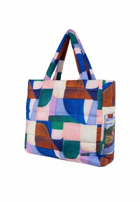 Gevoerd draagtas met een kleurrijk geometrisch patroon in roze, groen, blauw en oranje. Twee stevige handvatten met geborduurde details.