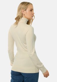 Beige Rollkragenpullover aus weichem Stoff, mit langen Ärmeln und geripptem Saum, in taillierter Passform von hinten dargestellt.