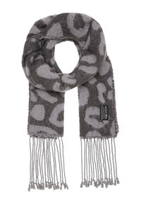 Gray scarf featuring a leopard print pattern in varying shades. Made of soft material with fringed edges and a small brand label detail.