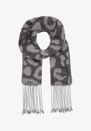 Gray scarf featuring a leopard print pattern in varying shades. Made of soft material with fringed edges and a small brand label detail.