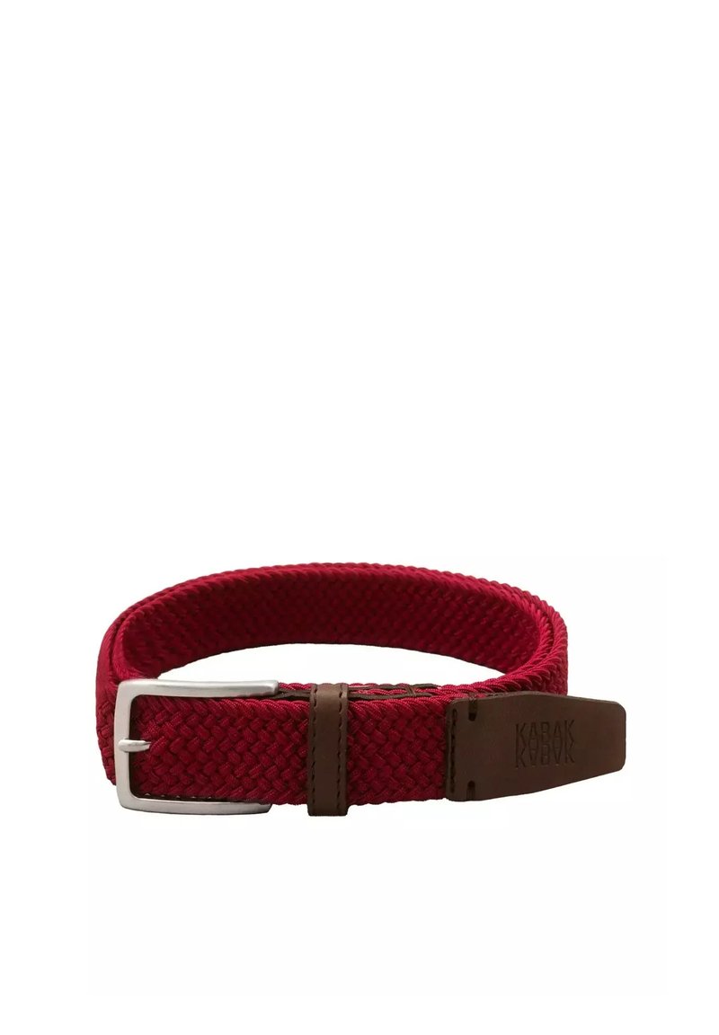 Woven red belt with a silver metal buckle, brown leather accents, flat texture, an adjustable length, and a casual design.