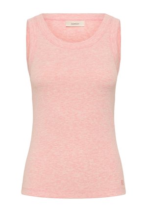 Gaiši rozā bezroku ribota topiņa ar apaļu izgriezumu un nelielu logotipu pie apakšmala uz balta fona.