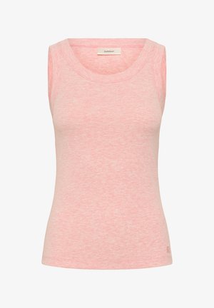 Gaiši rozā bezroku ribota topiņa ar apaļu izgriezumu un nelielu logotipu pie apakšmala uz balta fona.