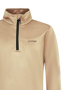 Licht beige fleece pullover met een hoge kraag en een halve rits, met een gladde textuur en een klein zwart logo op de borst.