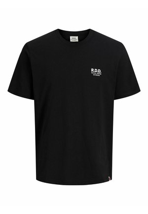 Zwarte T-shirt met korte mouwen met klein wit "R.D.D. Royal Denim Division"-logo op de linkerborst en een ronde hals.