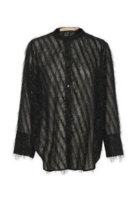 Melna caurspīdīga blūze ar teksturētu, pūkainu audumu. Iekļauj pogu aizdari, garas piedurknes un smalkus spīdumus materiālā.