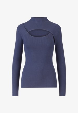 Suéter de punto azul marino con mangas largas, cuello alto y diseño de espalda con corte. Presenta una silueta ajustada y una tela texturizada.