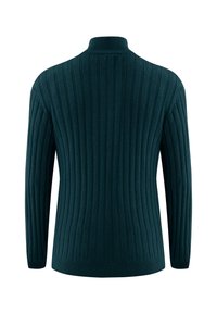 Ciemnoniebieski sweter z żeberkowym wzorem, z wysokim kołnierzem, długimi rękawami i dopasowanym dołem. Wykonany z miękkiego, fakturowanego materiału dzianinowego.