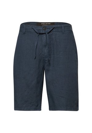 Pantalones cortos casuales para hombre de color azul oscuro con botón, cintura con cordón y trabillas para cinturón, etiquetados como "Street One Men".