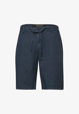 Pantalones cortos casuales para hombre de color azul oscuro con botón, cintura con cordón y trabillas para cinturón, etiquetados como "Street One Men".