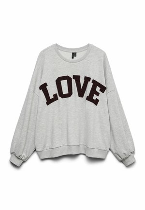 Sweat-shirt gris clair à manches longues avec poignets élastiques et grosses lettres noires formant le mot "LOVE" sur la poitrine.