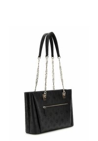 Sac fourre-tout noir avec des motifs en relief, chaînes en argent, deux poignées supérieures et une poche zippée à l'avant. Fabriqué en cuir structuré.